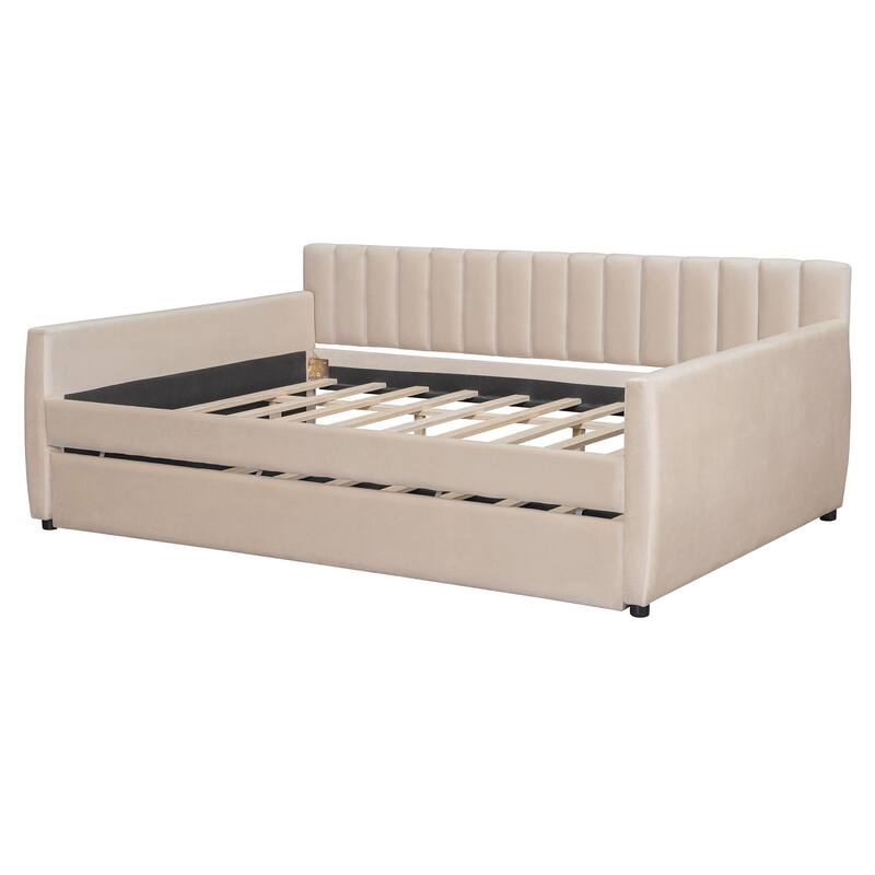 Full Size Upholstered daybed with Trundle and Wood Slat Support