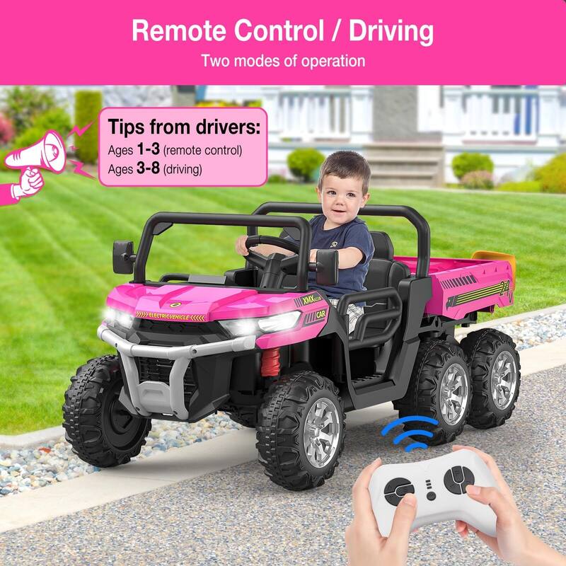 24V Two Seater Ride On Dump Truck with Electric Dump Bed, 6 Wheeler Kids UTV Electric Car with Remote Control