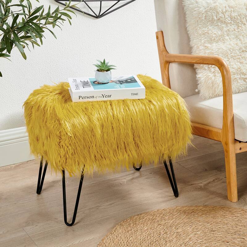 Mongolian Fauxfur Ottoman - 19"x 13"x17" - Lemon Curry