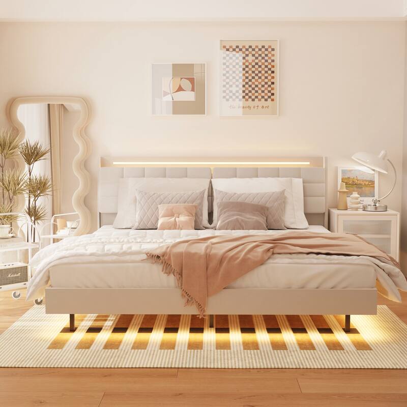 Floating Bed Frame with LED Light and Charging Station