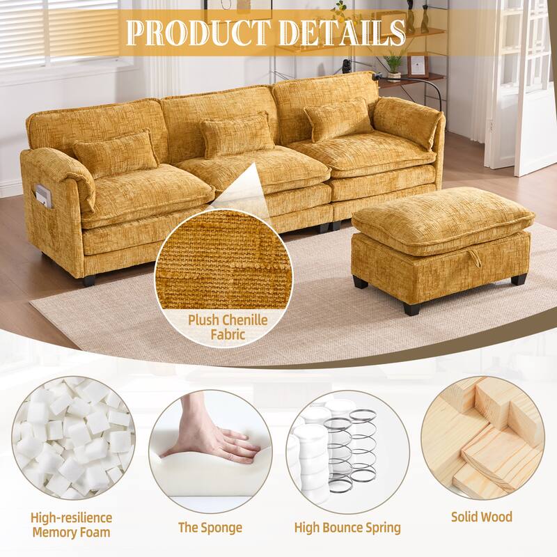 Modern Chenille Chaise Couch L-shaped Sectional Sofa with Storage Ottoman, Phone Holder, USB/Type-C Ports and Side Pockets