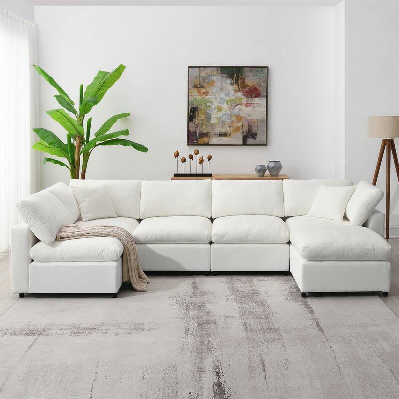 Modern Modular U-Shaped Sectional Sofa, Convertible Cloud Sleeper Sofa Bed, 6 Seat Chenille Sectional Couch Set with Ottoman