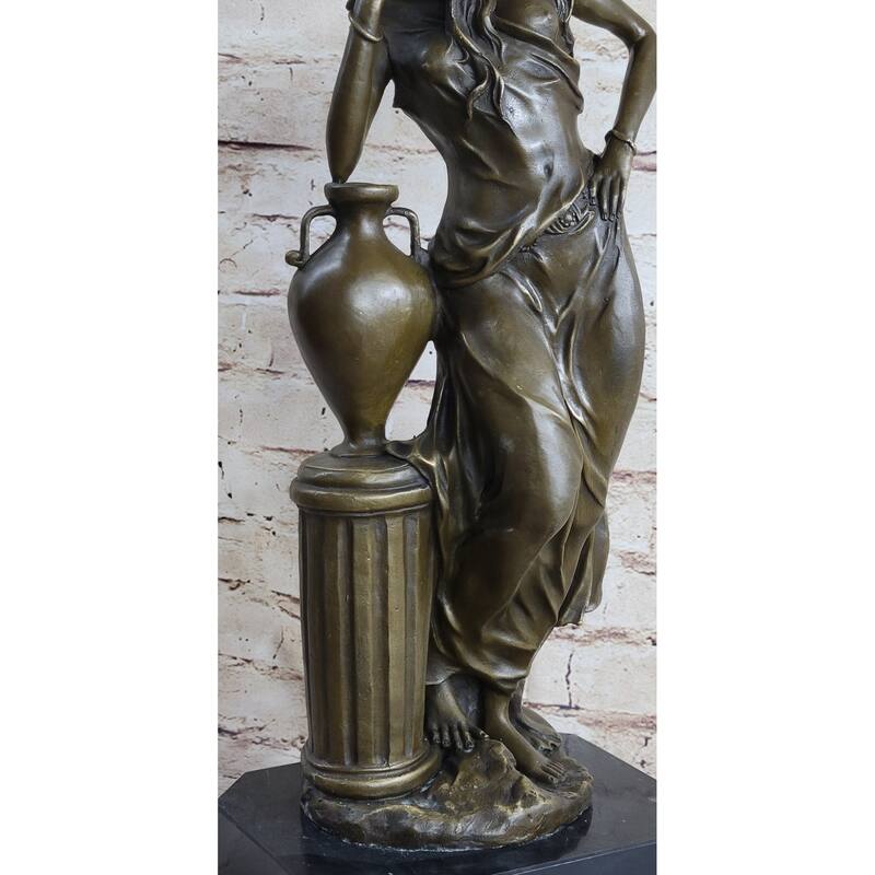 Signed Beautiful Maiden Ponders Leaning Against Vase Bronze Figurine Sculpture