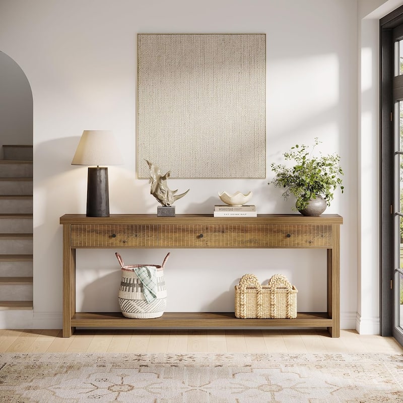 Extra Long Wood Console Table, Oak Sofa Entryway Table with 3 Drawers & Storage Shelves for Living Room, Hallway, Foyer