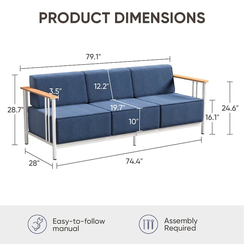 Puffin 3-Seat Outdoor Sofa with Metal Frame and 10-Inch Thick Cushions