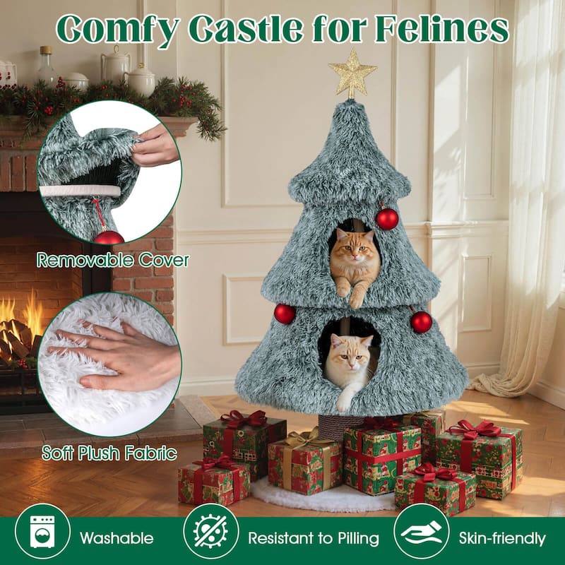 Costway 48.5” Christmas Cat Tree for Indoor Cats with 2 Large Condos, - as pic shows - See Details