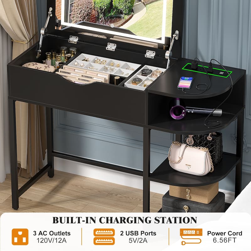 Flip Top Vanity Desk with LED Mirror and Charging Station, Modern Makeup Table with Hiden Storage