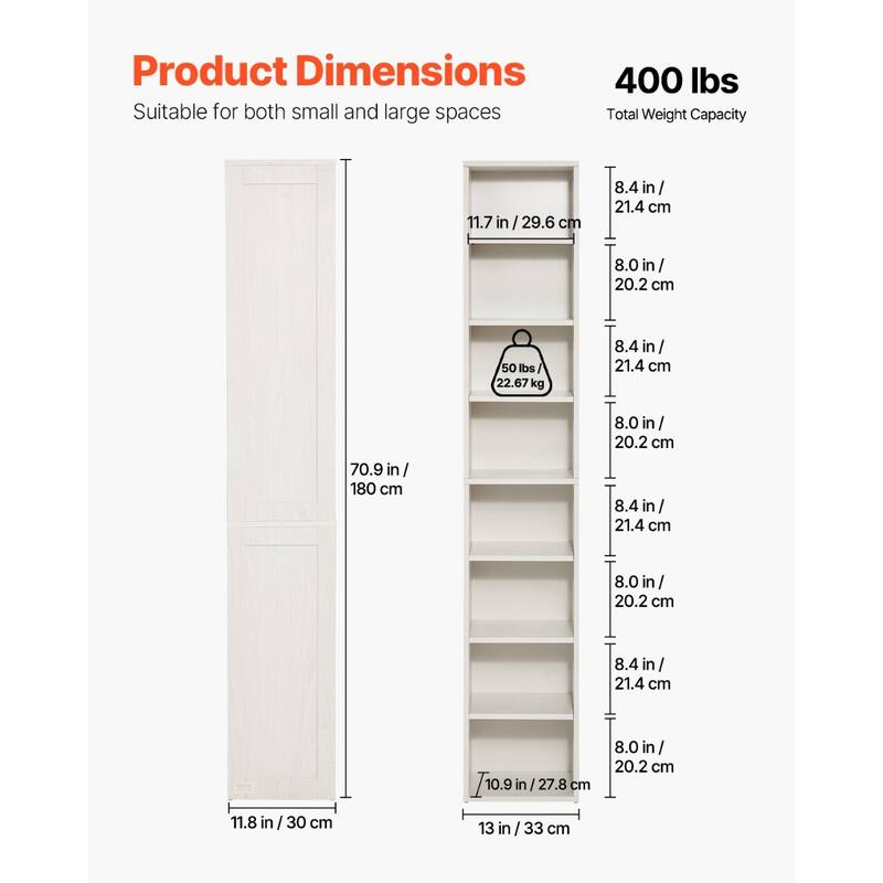 71" White Wooden Narrow Bookshelf with Height Adjustable Shelf and Open Bookcase - 13.0 x 11.8 x 70.9 in