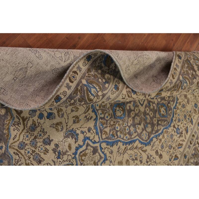 Floral Tabriz Persian Area Rug Beige Hand-Knotted Wool Carpet - 6'8"x 9'6"