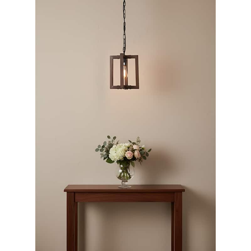 1-Light Wood Lantern Square/Rectangle Mimi Pendant Lamp Island Kitchen Light - Brown