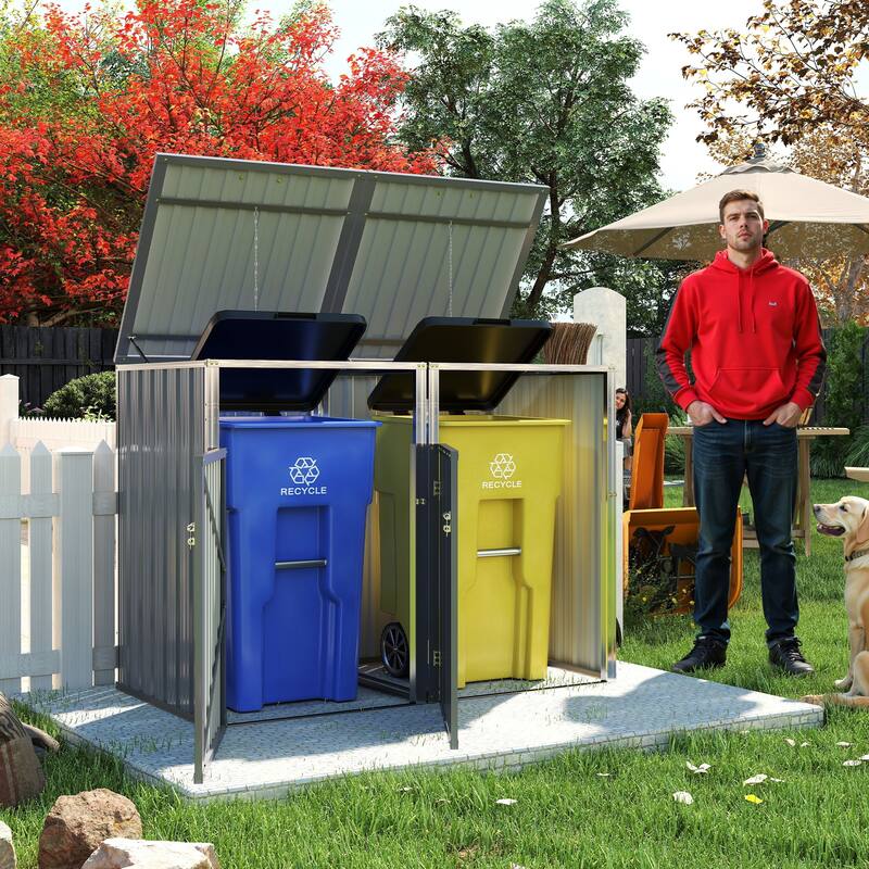 Garbage Bin Shed Stores 2 Trash Cans Metal Outdoor Bin Shed for Garbage Storage, 54 cubic feet of space