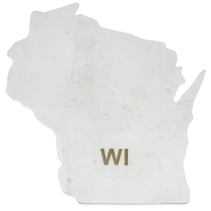 Lg Polished Marble "Wisconsin" Cutting Board w/brass state abbreviation - White