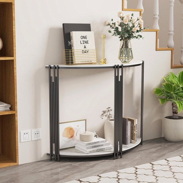 40 inch Half Moon Console Table Sintered Stone Top Table for Entryway 39.4x30.7 inch Marble Slate Glossy White Black