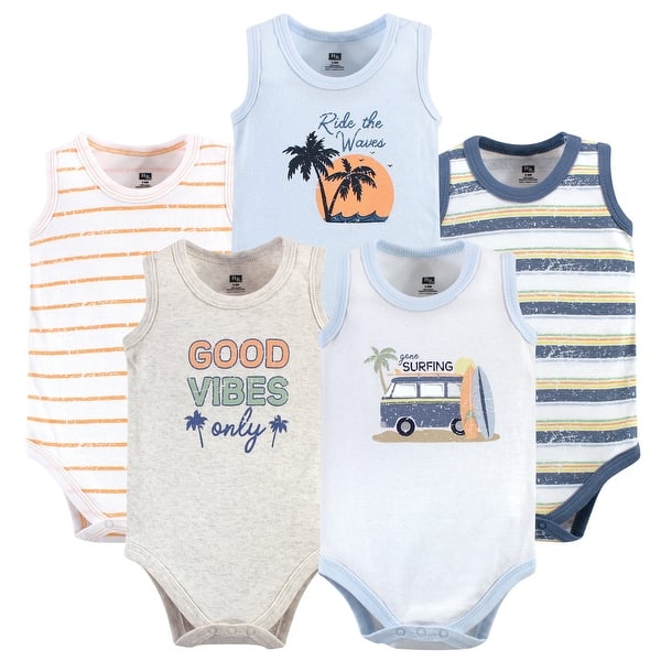 slide 1 of 1, Hudson Baby Infant Boy Cotton Sleeveless Bodysuits 5pk, Gone Surfing 0-3 Months - Gone Surfing