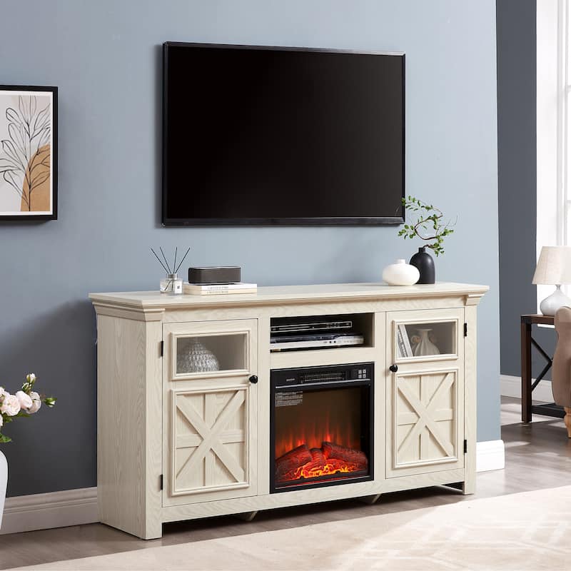 Modern Farmhouse TV Media Stand with 18" fireplace insert - White