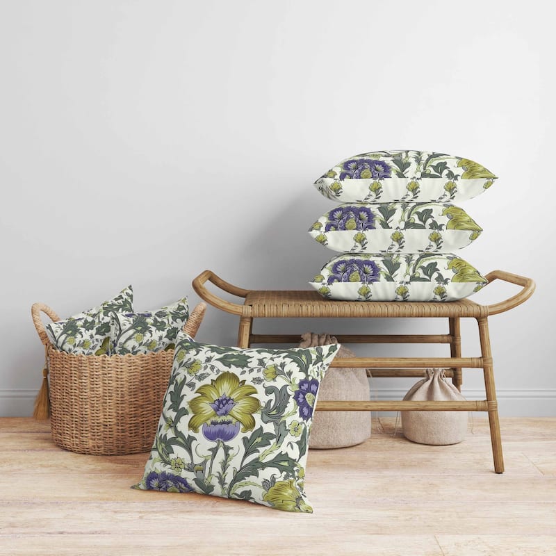 Mughal Era Garden Treasures Faux Suede Reversible Throw Pillow Mossgreen and Purple