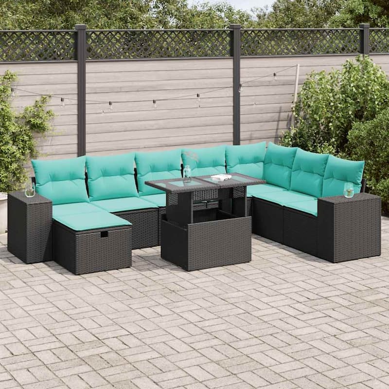 vidaXL Patio Sofa Set with Cushions Sectional Couches 9 Piece Poly Rattan - 24.4 x 24.4 x 27.2 - Black-with storage