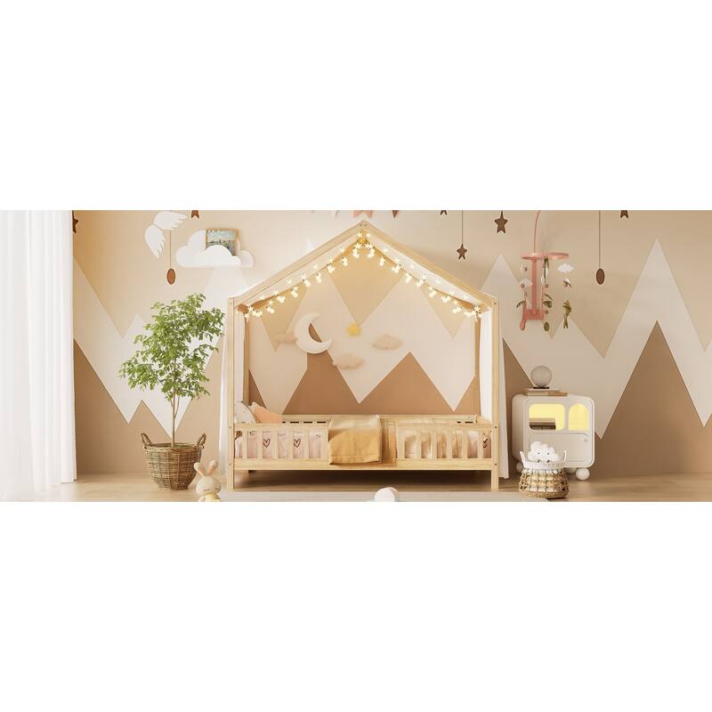 House-Shaped Twin Bed Frame with Canopy and Safety Railings for Kids