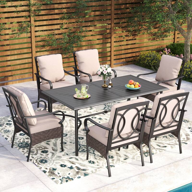 MAISON ARTS 7 Pieces Patio Dining Set with Metal Rectangular Dining Table and Swivel Chairs - +Fixed Chairs
