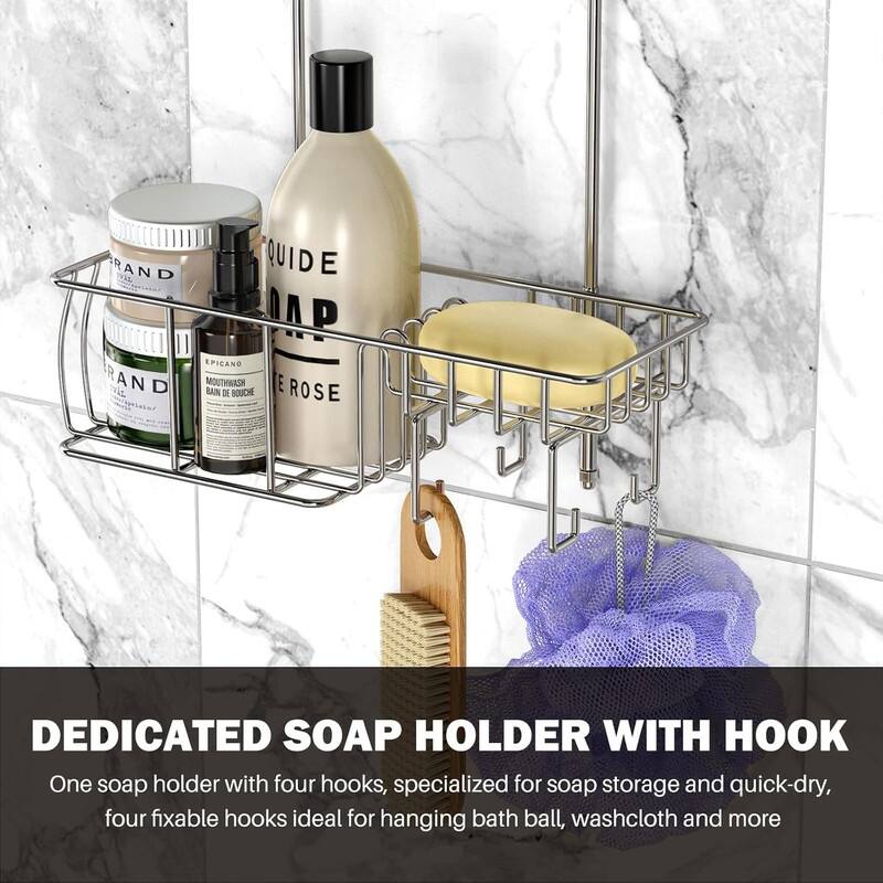 Shower Caddy Hanging, Anti-Swing Over Head Shower Caddy Rustproof with hooks for Towels, Sponge and more