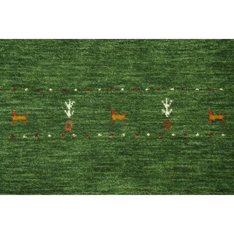 Hand Knotted Oriental 100% Wool Carpet Tribal Animal Pictorial Green Gabbeh Area Rug - 4' 0'' X 2' 2''