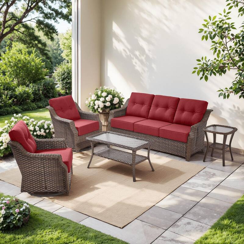 Pocassy Wicker Sofa Chair Set for Garden - Brown Wicker & Red Cushion - 5PCS Sofa Glider Chair with Table