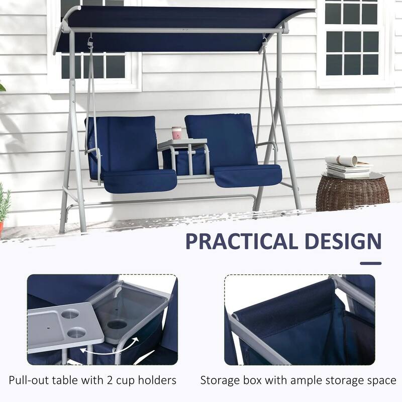 2-Seater Outdoor Porch Swing with Canopy and Table, Patio Swing Chair