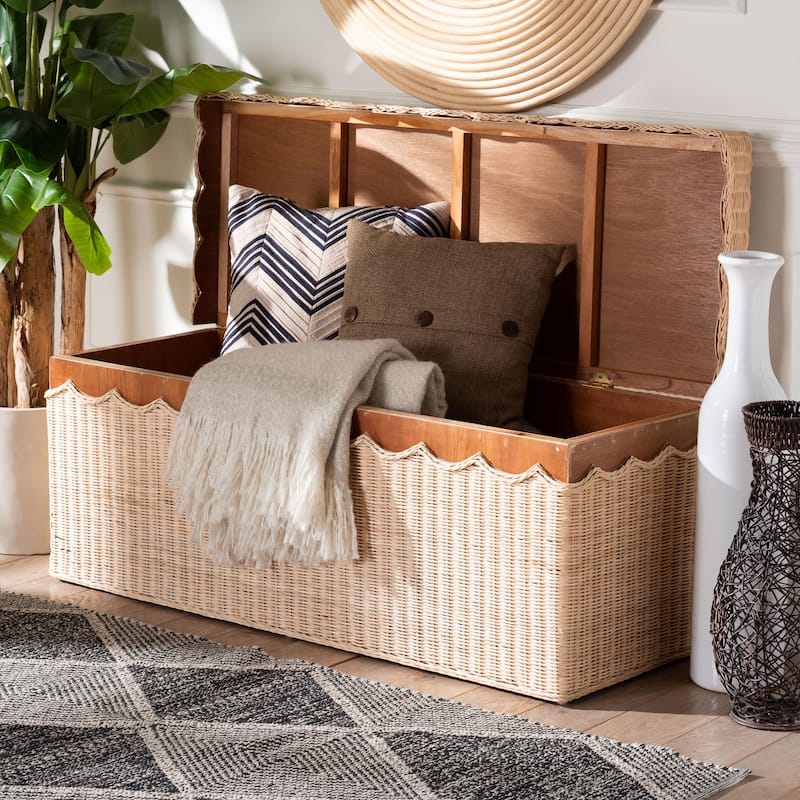 Damita Scallop Natural Rattan Chest with Lift-top - Coastal Boho Style Storage Bench for Bedroom, Entryway, or Living Room