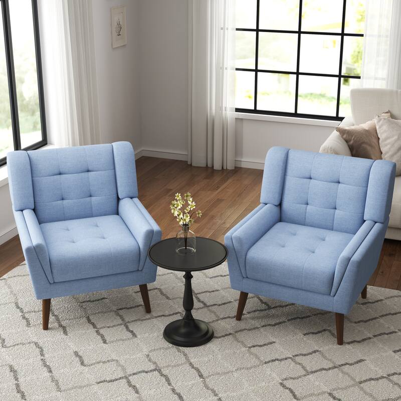 2 Set Mid Century Modern Linen Accent Armchair with Wooden Legs