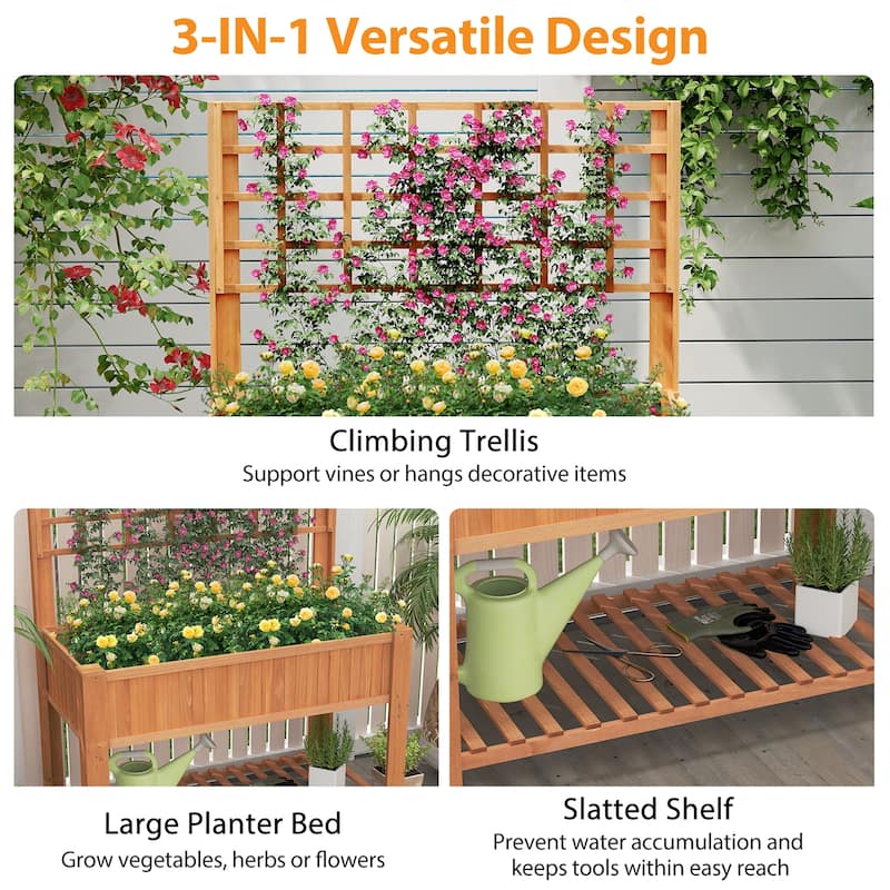Gymax Raised Garden Bed w/ Trellis Wooden Elevated Planter Box w/ Legs