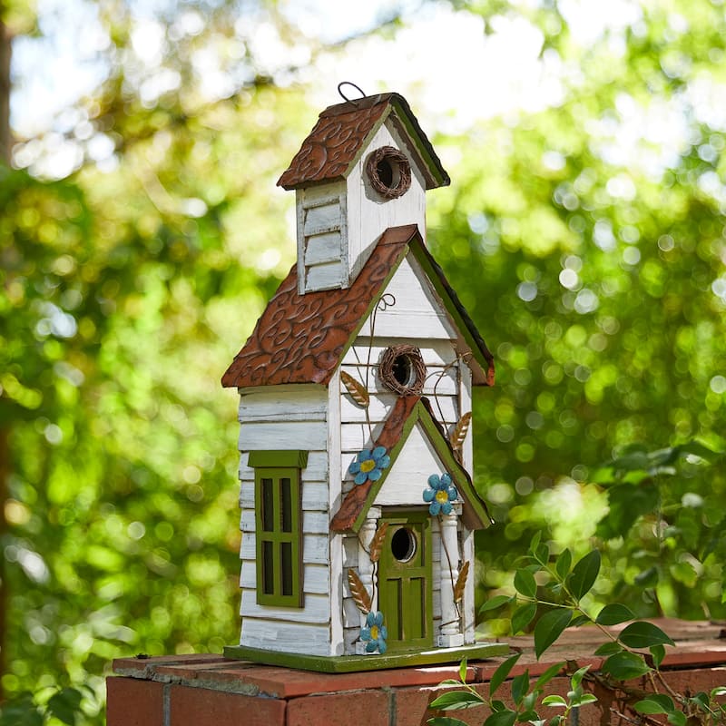 Glitzhome 24"H Extra-Large Farmhouse Rustic Wood Birdhouse - Green/Off-White