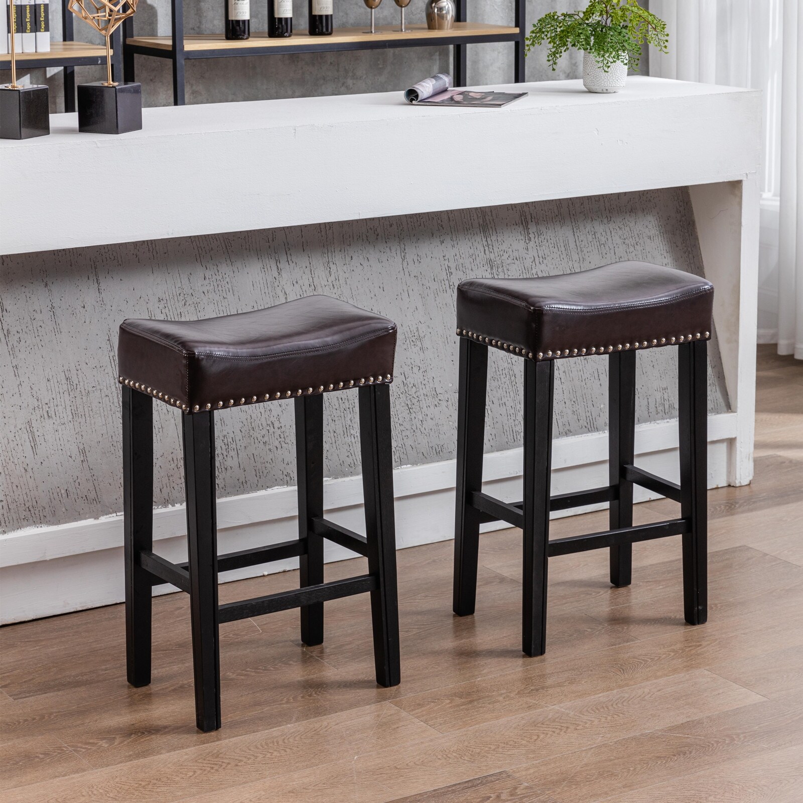 Green Scenic Bar Stools for Kitchen Counter Backless Faux Leather Stools Farmhouse Island Chairs ( Set of 2)