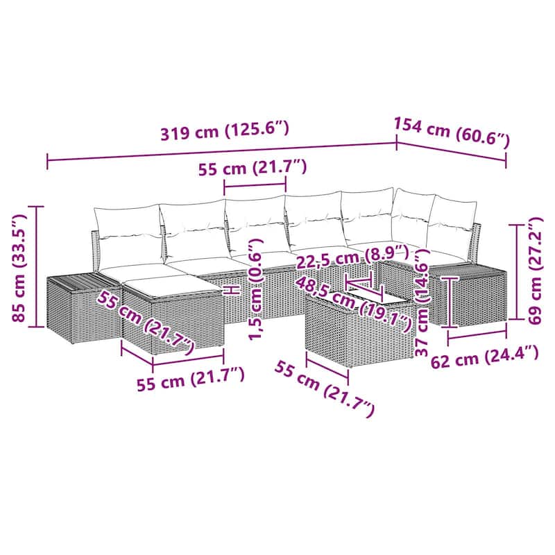 vidaXL 8 Piece Garden Sofa Set with Cushions - 125.6×60.6×27.2