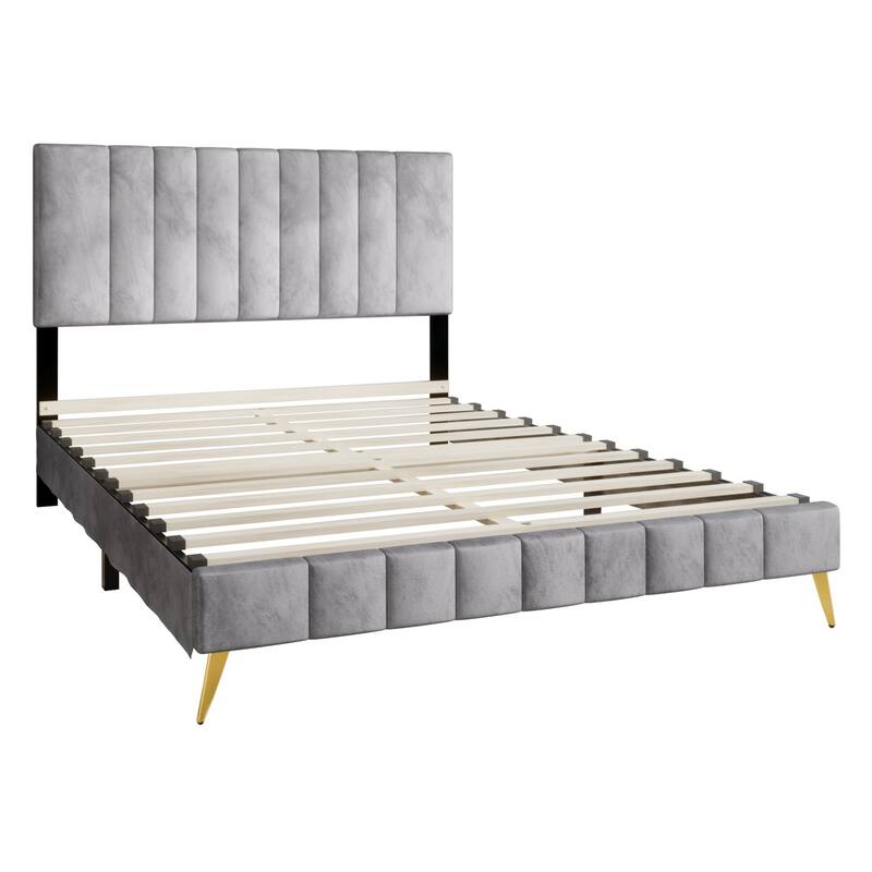 CraftPorch Modern Velvet Tufted Upholstered Gold Accent Platform Bed