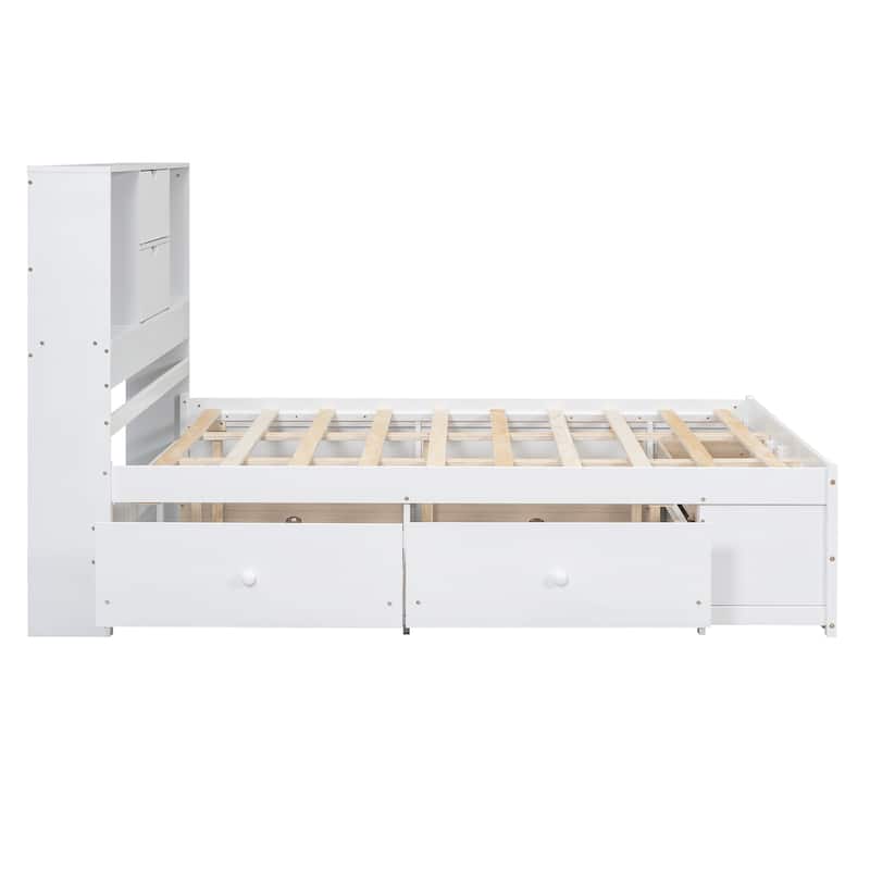 Queen / King Platform Bed with Storage Headboard and 8 Drawers Sturdy Pine Wood Construction