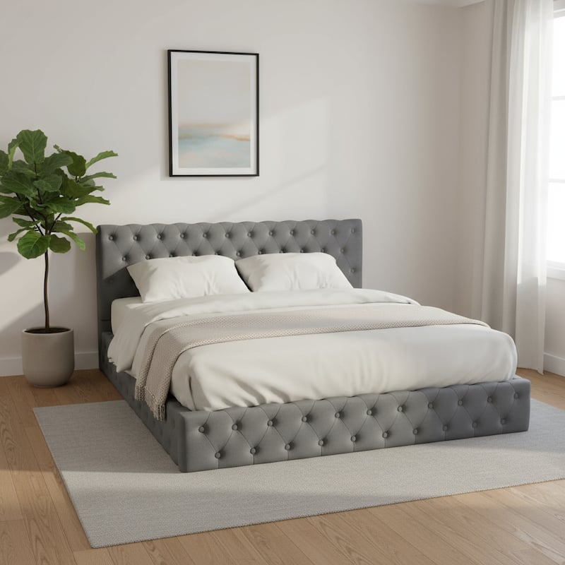 HomeRoots Gray Tufted Velvet Upholstered Queen Bed Frame - Queen