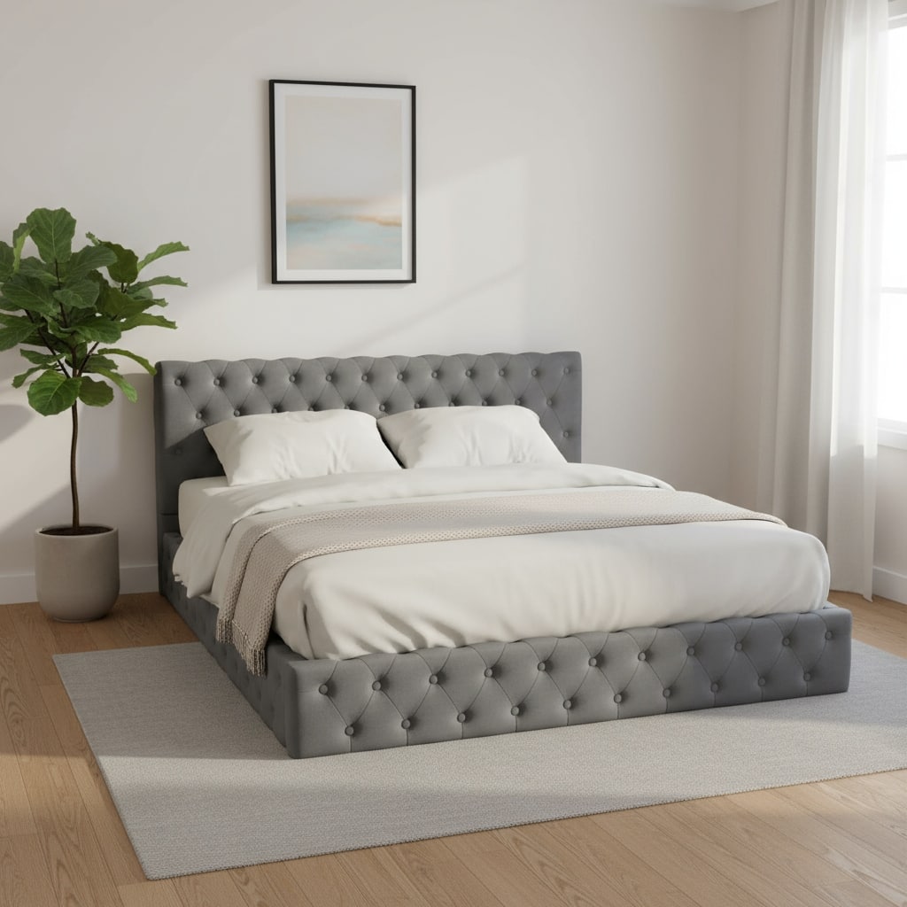 HomeRoots Gray Tufted Velvet Upholstered Queen Bed Frame