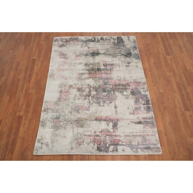 Hand Knotted Oriental Viscose Silk Carpet Modern Abstract Beige & Ivories Abstract Area Rug - 6' 7'' X 4' 9''
