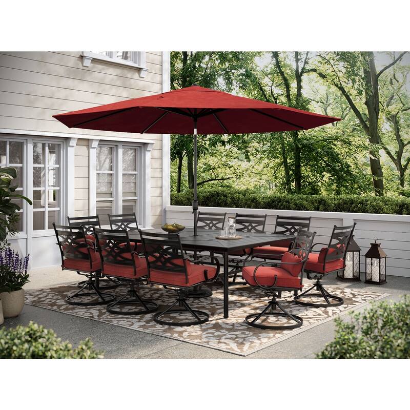 Hanover Montclair 11-Piece Dining Set in Chili Red with 10 Swivel Rockers and a 60-In. x 84-In. Table