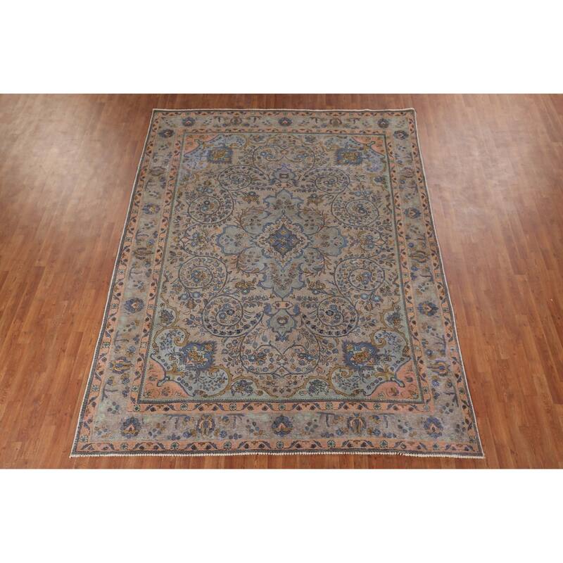 Distressed Tabriz Persian Antique Area Rug Handmade Wool Carpet - 8'0" x 10'9"