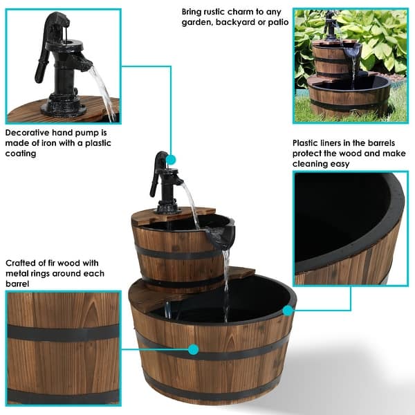Sunnydaze Wooden Barrel W Hand Pump Outdoor Water Fountain Rustic Feature 23 Overstock 21161978