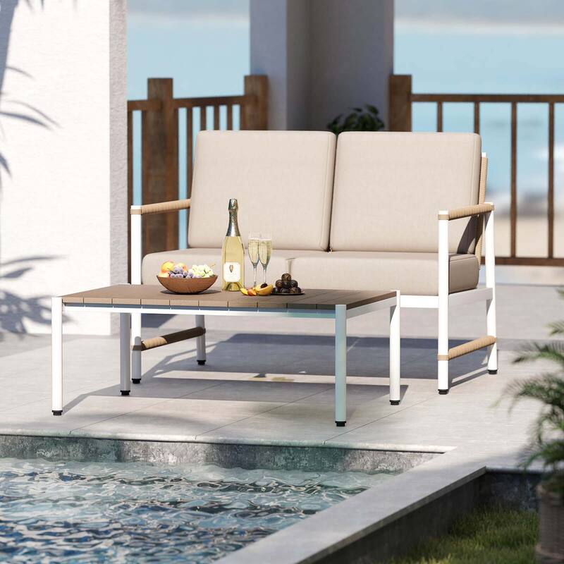Costway 2 PCS Patio Furniture Set Loveseat Sofa with Coffee Table - Loveseat Sofa - Gray + White + Brown - Loveseat Sofa
