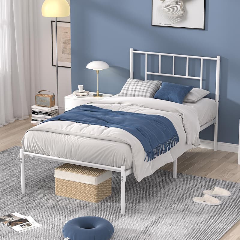 VECELO Victorian Style 14 Inch Metal Platform Bed Frame with Headboard, Heavy Duty Steel Slat Support, No Box Spring Needed