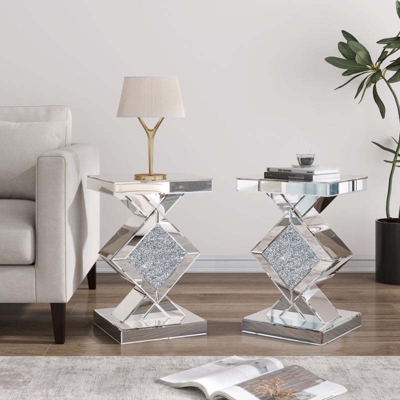 Modern Mirrored Glass Top End Table with Crushed Diamond
