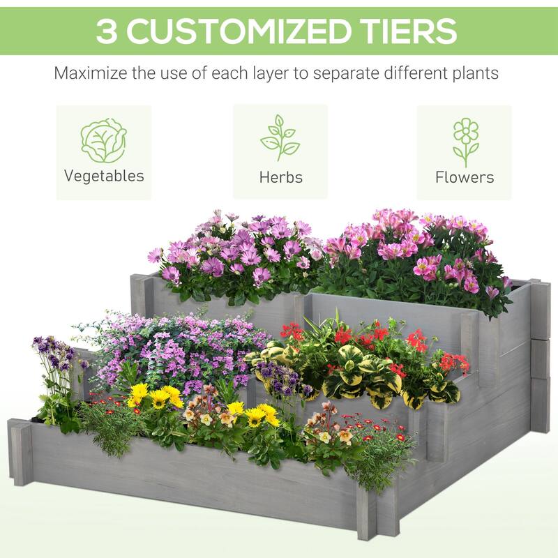 Outsunny 3-Tier Raised Garden Bed, Water Draining Fabric for Soil, Elevated Wood Flower Box for Vegetables