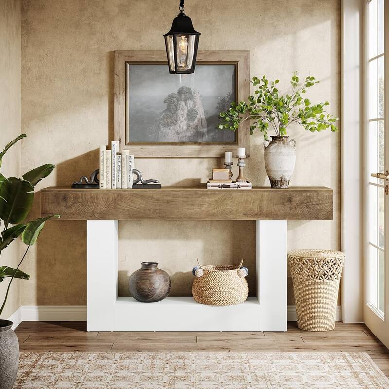 63 Inches Brown/ Dark Gray Wooden Console Table, Farmhouse Long Entryway Table with Storage for Living Room
