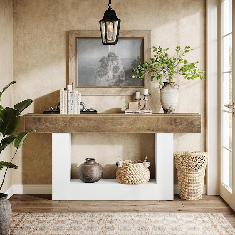 Farmhouse 63-Inch Long Console Table, 2-Tier Entryway Table Sofa Table with Storage