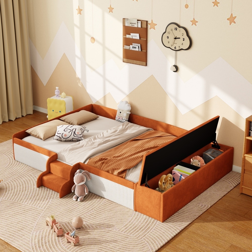 Velvet Upholstered Daybed with Stairs & Gas Lift Storage Ottoman