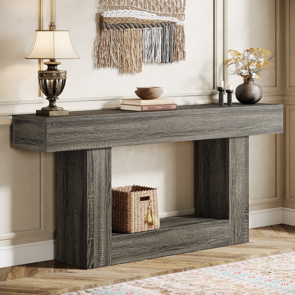 63" Console Table for Entryway, Farmhouse 2-Tier Wood Sofa Table Behind Couch