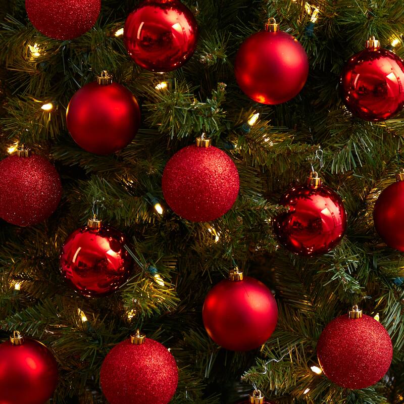 Shatterproof 3-Finish Christmas Ball Ornaments 3" (80mm) - Red - 20ct